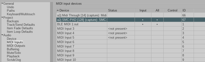 midi inputs settings in reaper